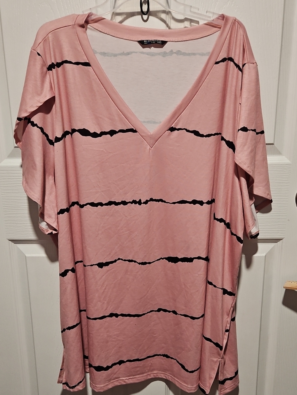 BloomChic Blush Pink V-Neck Tunic with Black Stripes